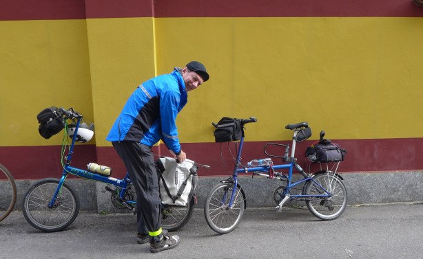 Lyman packing up outside our hotel in Milan